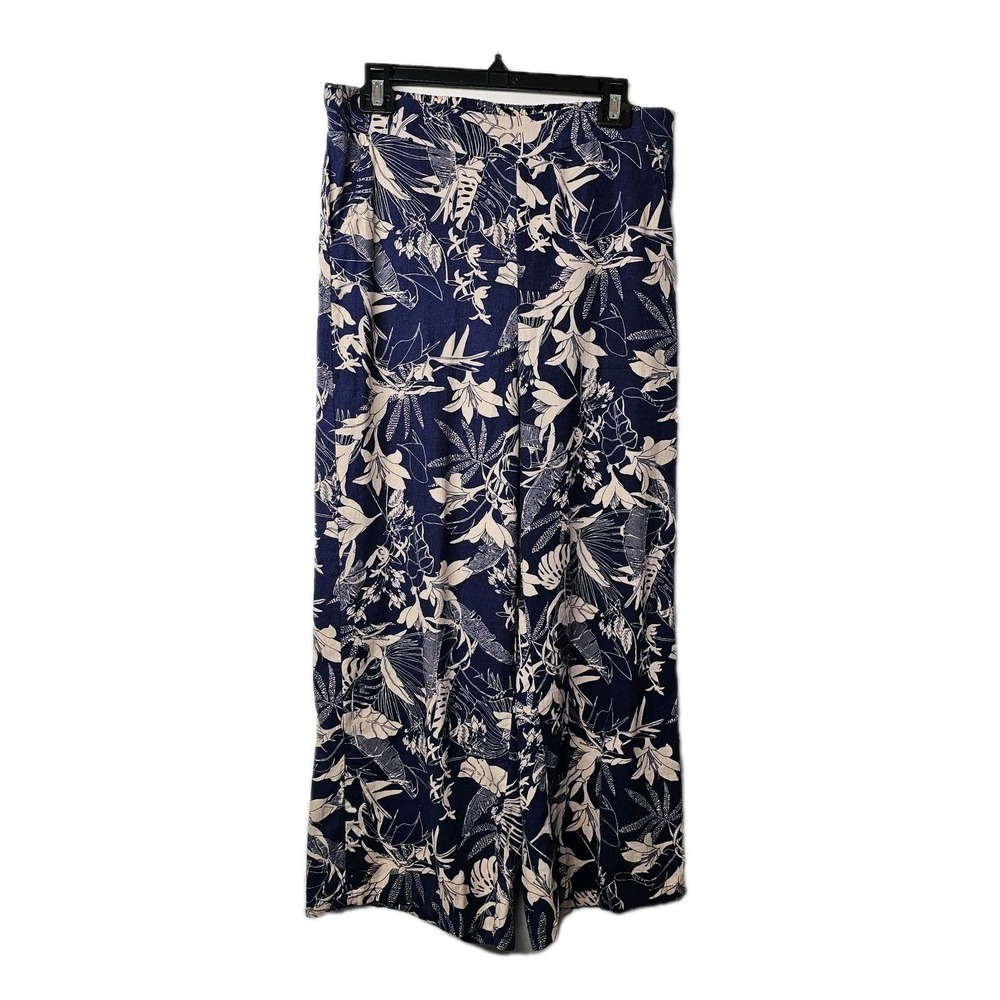 Women Large Pants Navy Blue Cream Linen Blend Wide Leg Panama Jack Elastic